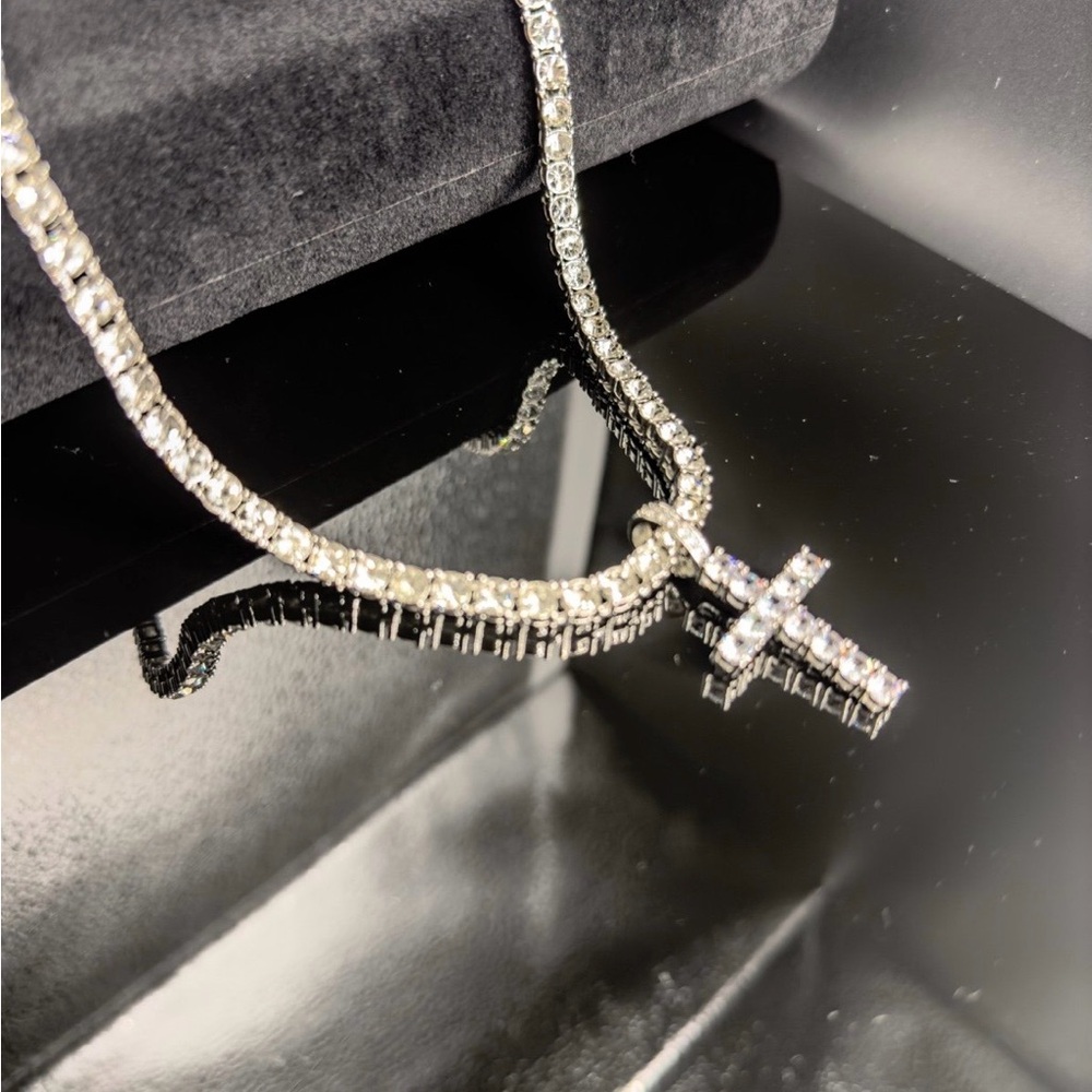 White Gold Plated CZ Cross Pendant + Tennis Chain Necklace 20” - Picture 3 of 4